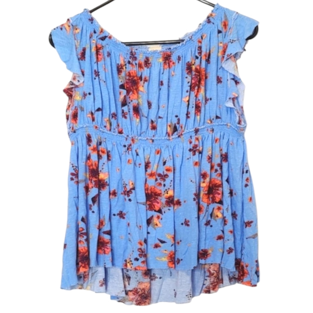Free People We the Free Blue Floral Off the Shoulder Bleach Blouse Size Medium
